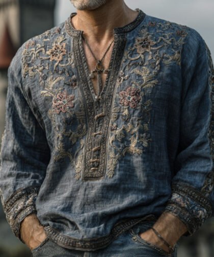 Men's Vintage Floral Embroidered Comfy Linen Shirt