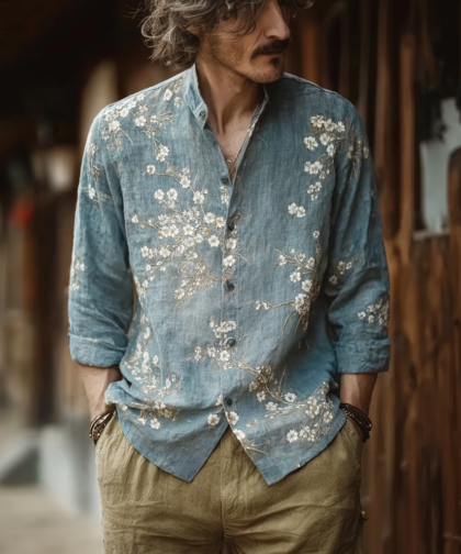 Bohemian Retro Style Floral Print Men's Long-sleeve Shirt