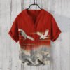 Men's Japanese Crane V Neck Casual Linen Blend Shirt