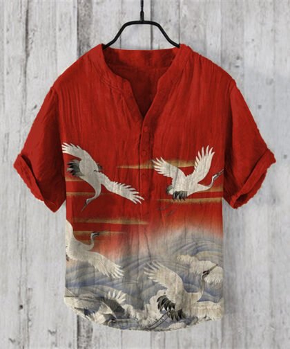 Men's Japanese Crane V Neck Casual Linen Blend Shirt