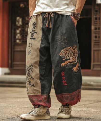 Men's Japanese Tiger Art Contrast Color Linen Pants