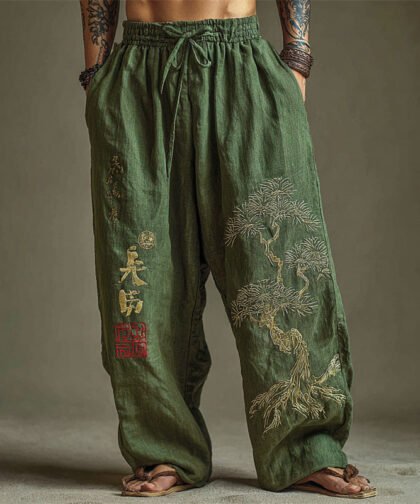 Men's Japanese Pine Tree Embroidered Wide Leg Linen Pants