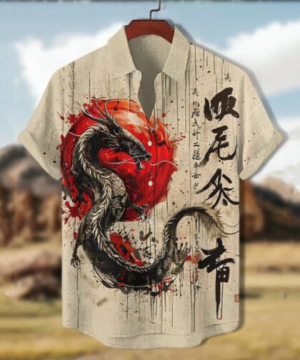 Men's Retro Myth Dragon Calligraphy Art Print Shirt