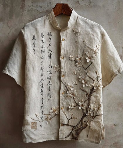 Japanese Almond Blossom Calligraphy Linen Shirt