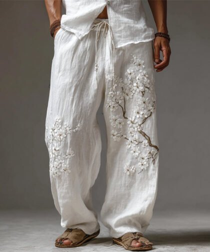 Men's Japanese Almond Blossom Flowy Linen Wide Leg Pants