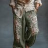 Men's Vintage Roses Embroidered Drawstring Wide Leg Linen Pants