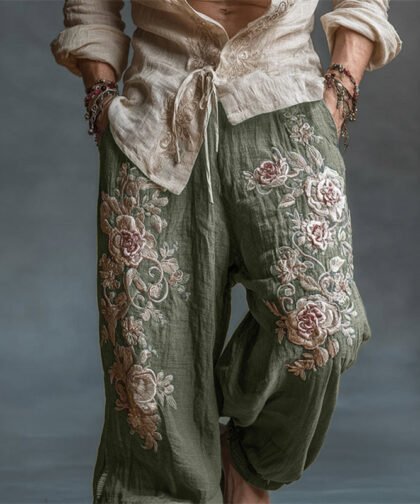 Men's Vintage Roses Embroidered Drawstring Wide Leg Linen Pants