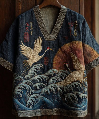Men's Japanese Cranes & Sea Waves Sunrise Linen Shirt