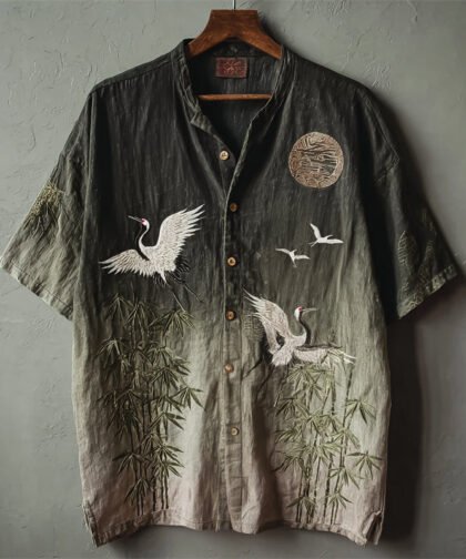 Japanese Cranes & Bamboo Full Moon Night Gradient Linen Shirt