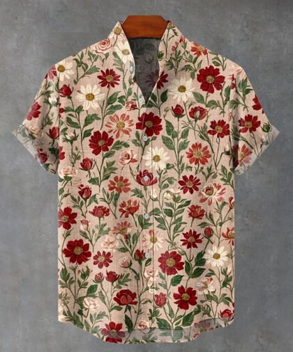 Men's Japanese-style Floral Print Short-sleeved Shirt