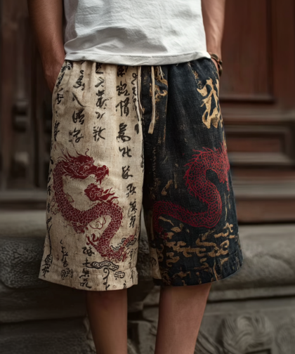 Japanese Art Retro Dragon Pattern Casual Shorts