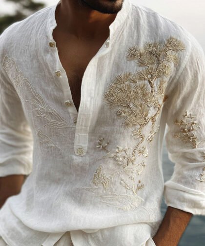 Men's Japanese-style Pine Tree And Mountain Pattern Linen Blend Shirt