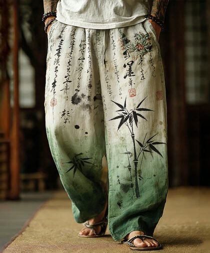 Japanese Art Bamboo Forest Ink Dyeing Art Gradient Trousers