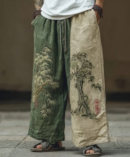 Men's Vintage Japanese Art Inspired Contrast Linen Trousers