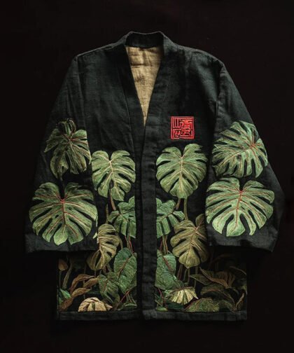 Men's Monstera Deliciosa Leaves Print Casual Kimono Cardigan