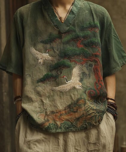 Men's Japanese Cranes & Pine Tree Embroidery Casual V Neck Shirt