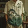 Men's Retro Pine Trees Art Print Button Casaul Shirt