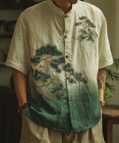 Men's Retro Pine Trees Art Print Button Casaul Shirt
