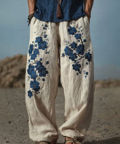 Men's Japanese Blue Plum Blossom Art Vintage Linen Pants