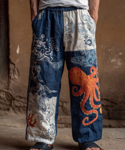 Men's Retro Japanese Art Ocean Octopus Print Casual Pants
