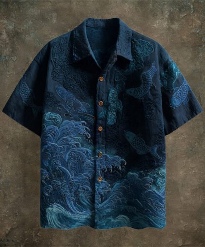 Japanese Sea Animal Pattern Linen Short Sleeve Shirt