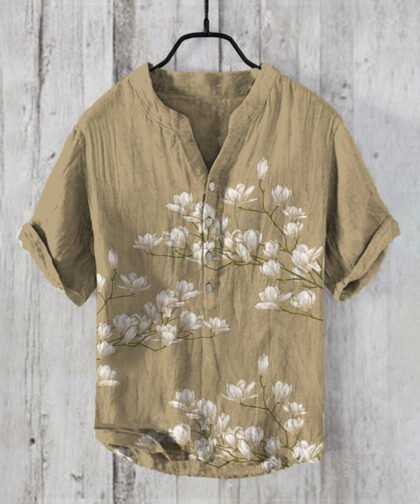 Vintage Japanese Magnolia Flower Casual Linen Blend Shirt