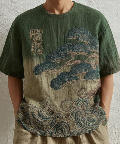 Japanese Pine And Ocean Wave Embroidered Crew Neck T-shirt