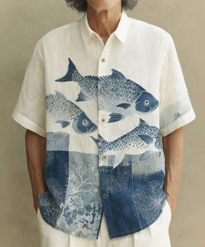 Men's Japanese-style Art Fish Print Color-blocked Short-sleeved Shirt