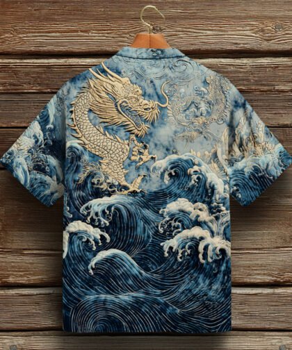 Japanese Sea Wave Dragon Art Men's Linen Short Sleeve Shirt
