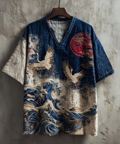 Japanese Pine And Waves Embroidered V-neck Linen Shirt