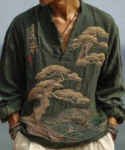 Men's Japanese Art Pine Embroidery Linen Shirt