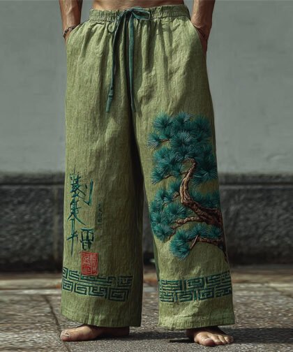 Men's Japanese Pine Trees Calligraphy Art Linen Pants