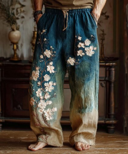 Men's Japanese Apricot Blossom Oil Painting Art Art Vintage Linen Pants