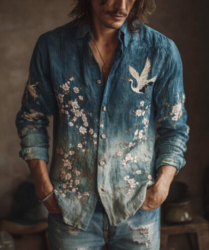 Japanese Style Crane And Cherry Blossom Tree Gradient Pattern Men's Linen Long Sleeve Shirt
