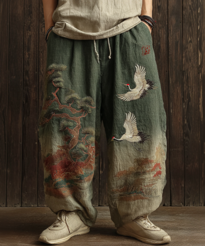 Men's Vintage Japanese Pine Crane Embroidery Art Linen Blended Casual Pants