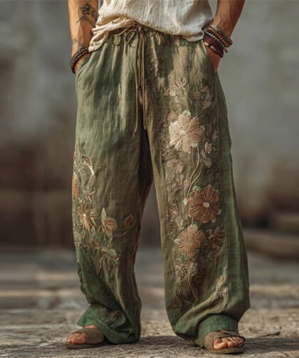 Men's Boho Floral Embroidered Wide Leg Linen Pants