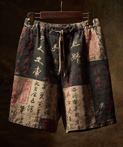 Men's Japanese Calligraphy Art Linen Shorts