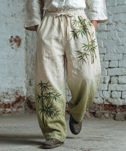 Men's Japanese Bamboo Art Pattern Linen Blend Casual Pants