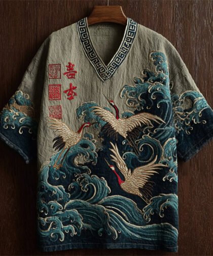 Men's Japanese Cranes & Sea Waves V Neck Linen Shirt