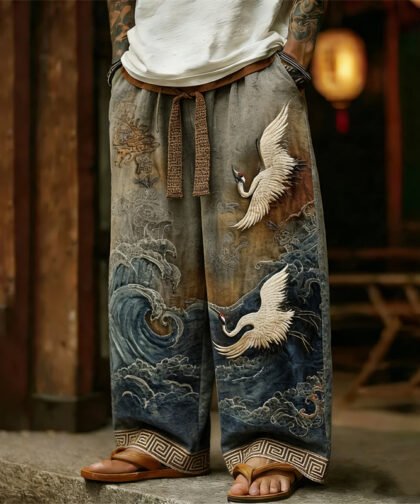 Men's Cranes & Sea Waves Japanese Art Linen Pants