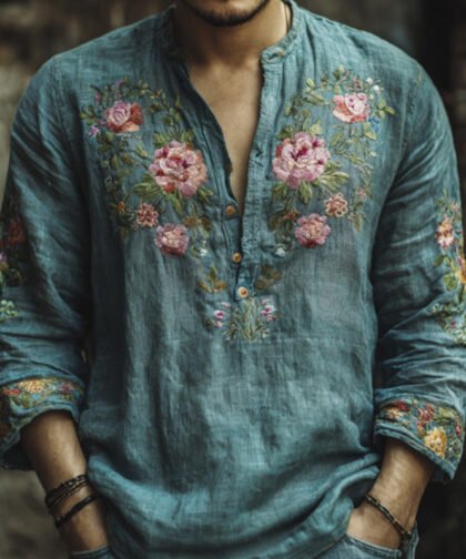 Men's Vintage Floral Embroidered Comfy Linen Shirt
