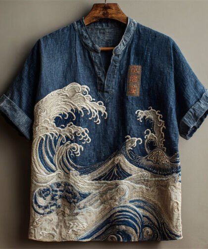 Japanese Great Sea Wave Denim Washed Linen Shirt