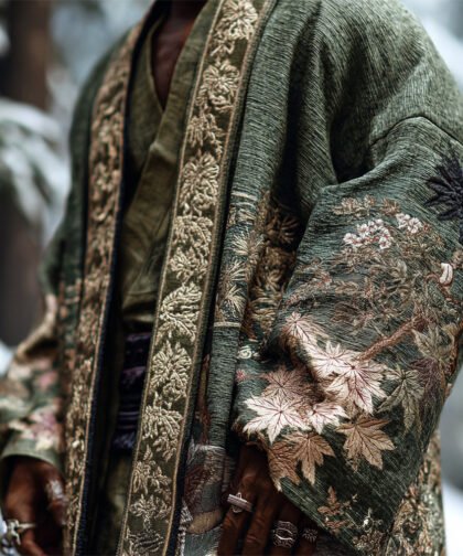Japanese Maple Leaf Embroidery Art Men's Kimono
