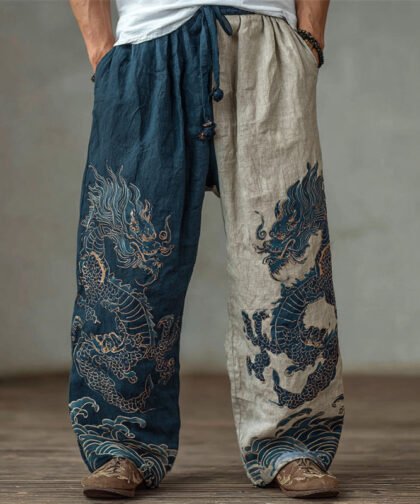 Men's Japanese Dragons Sea Waves Contrast Wide Leg Linen Pants