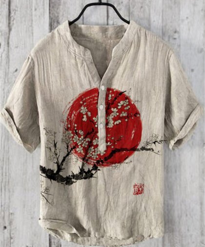 Plum Blossom Sunrise Japanese Art Linen Blend Shirt