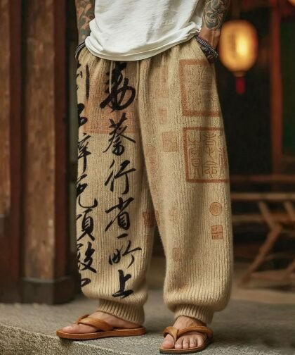 Men's Retro Calligraphy Art Print Casual Knit Pants