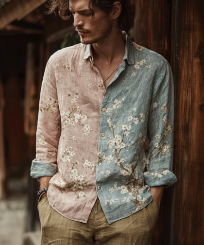 Bohemian Retro Style Floral Print Men's Long-sleeve Shirt