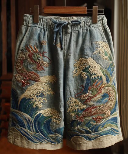 Men's Japanese Dragon Art Contrast Linen Short Pants