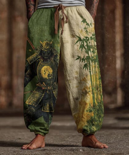 Men's Bamboo Forest And Armored Cat Print Art Linen-cotton Blend Casual Pants