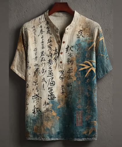 Japanese Art Retro Line Art Linen Casual Short-sleeve Top